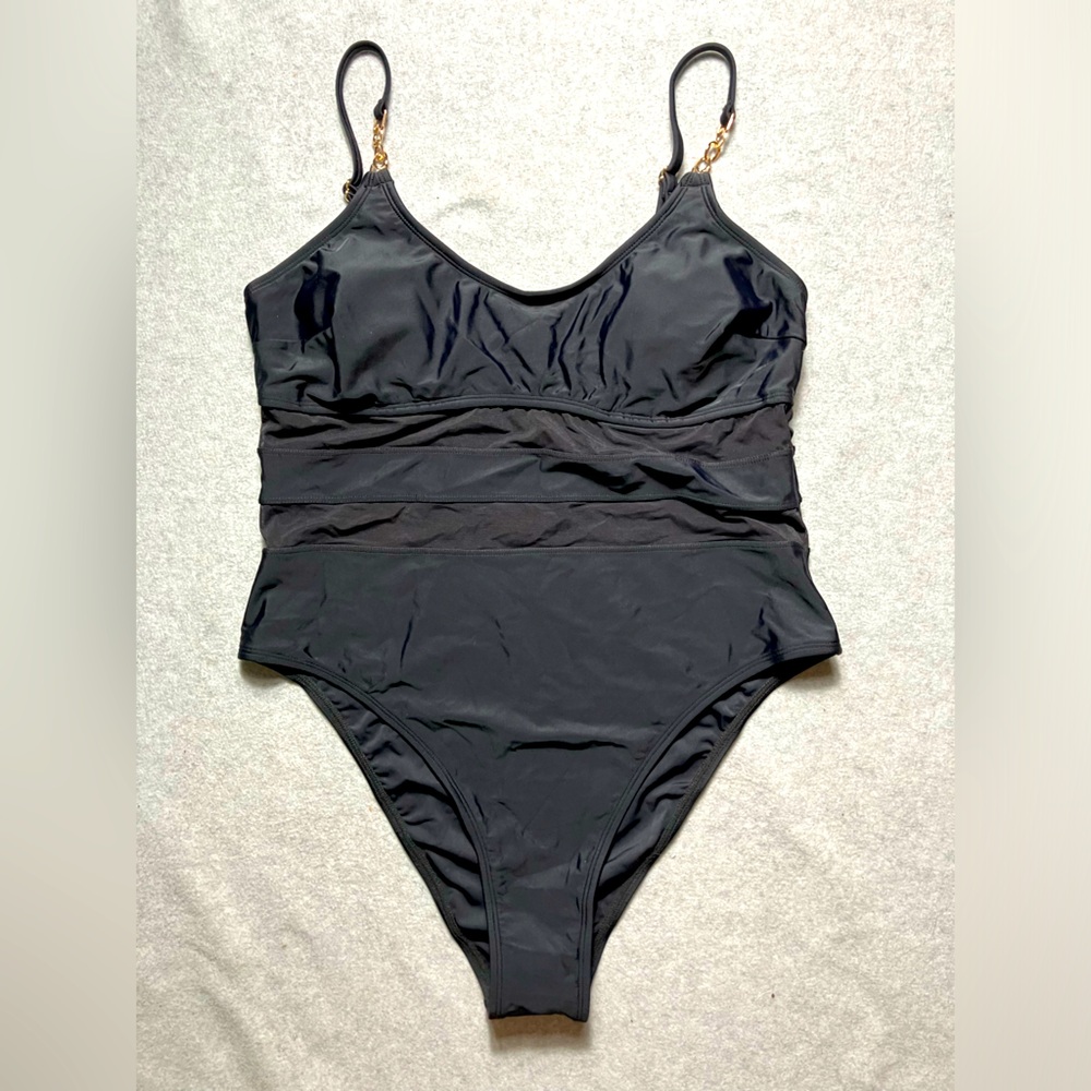 Cupshe black one piece swimsuit swimming bathing suit gold‎ size large New